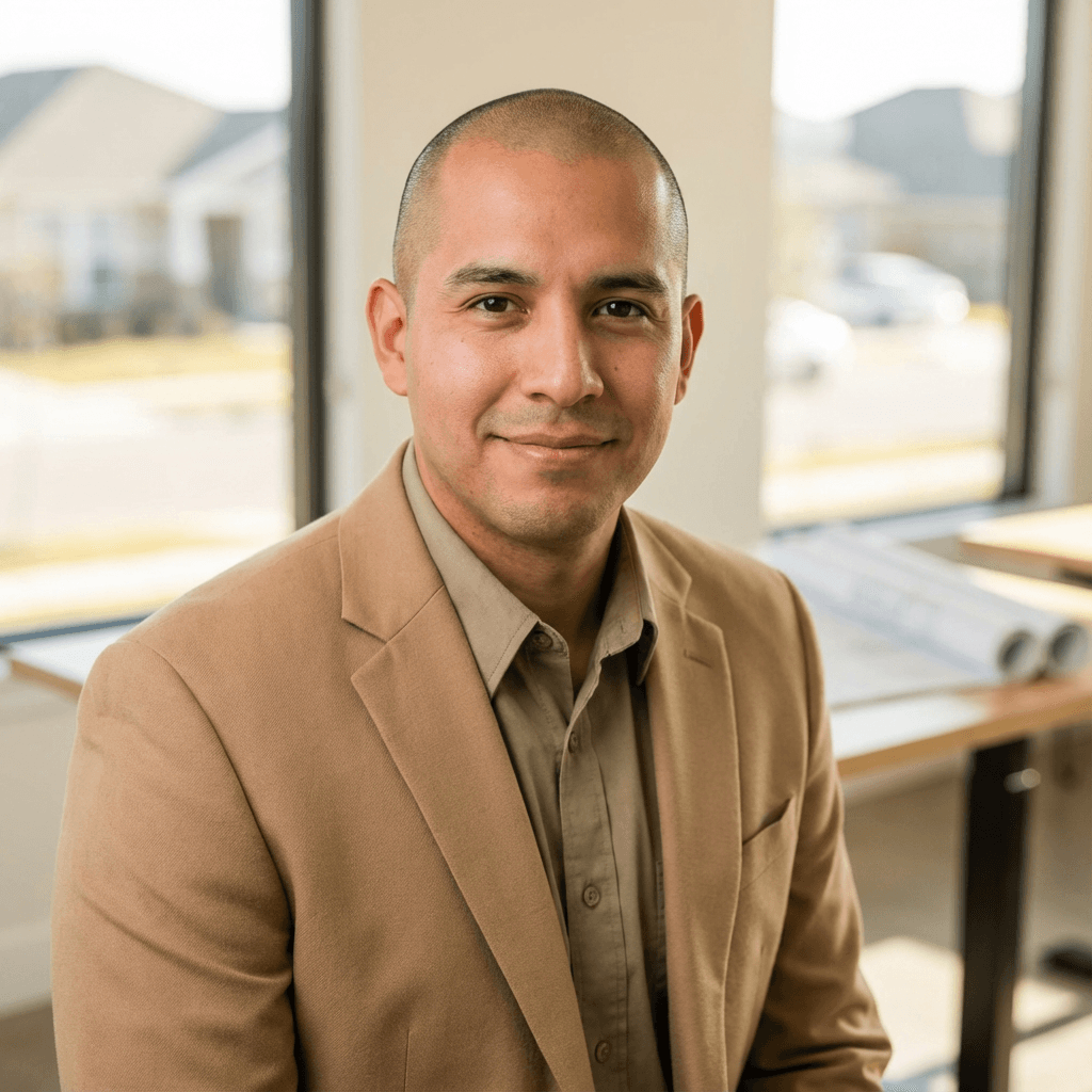 Portrait of a man in a casual button-down shirt in a community space
