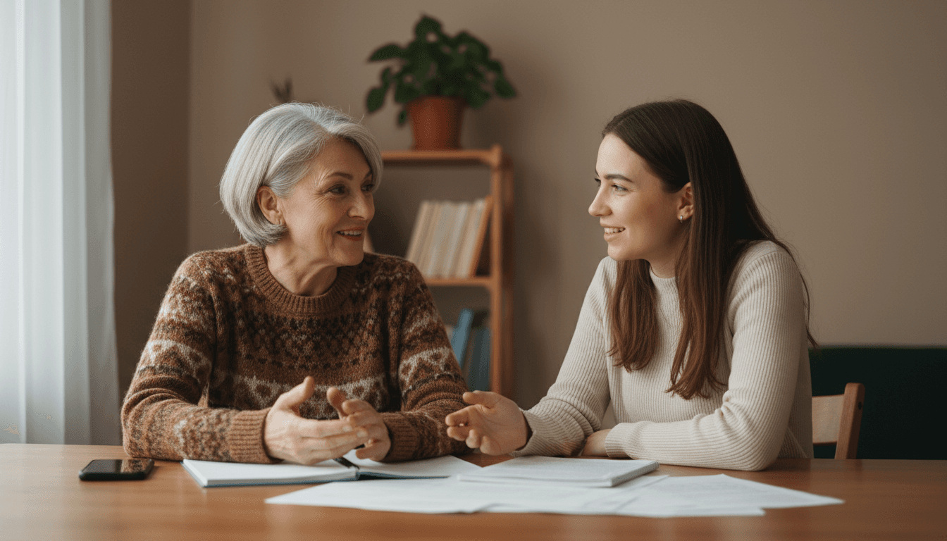 Mentor and mentee reviewing documents together at a table in a warm, modest office