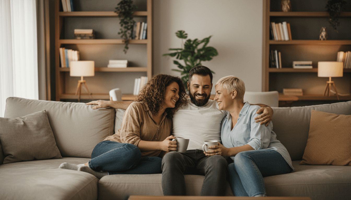 Group of people having a supportive conversation in a bright community room