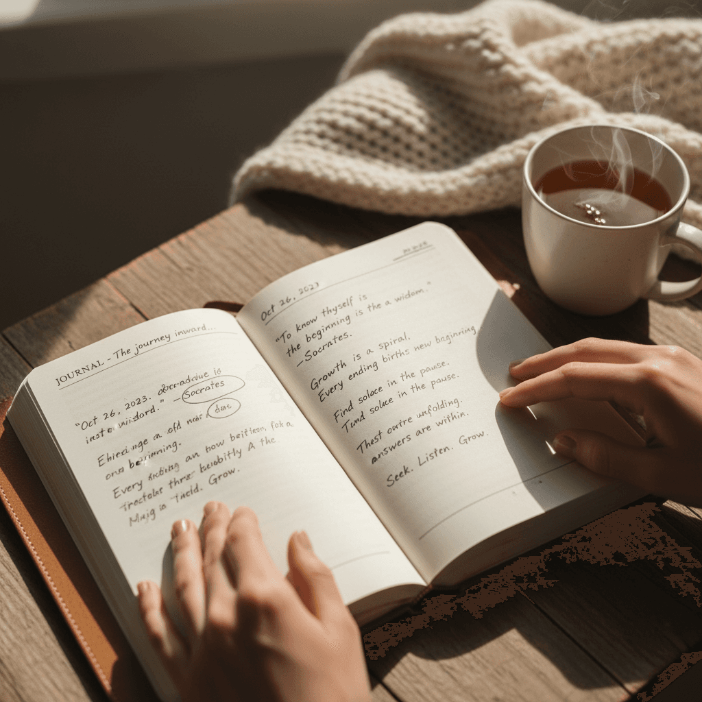 Open book on a wooden table in morning light, coffee cup nearby, peaceful and reflective atmosphere