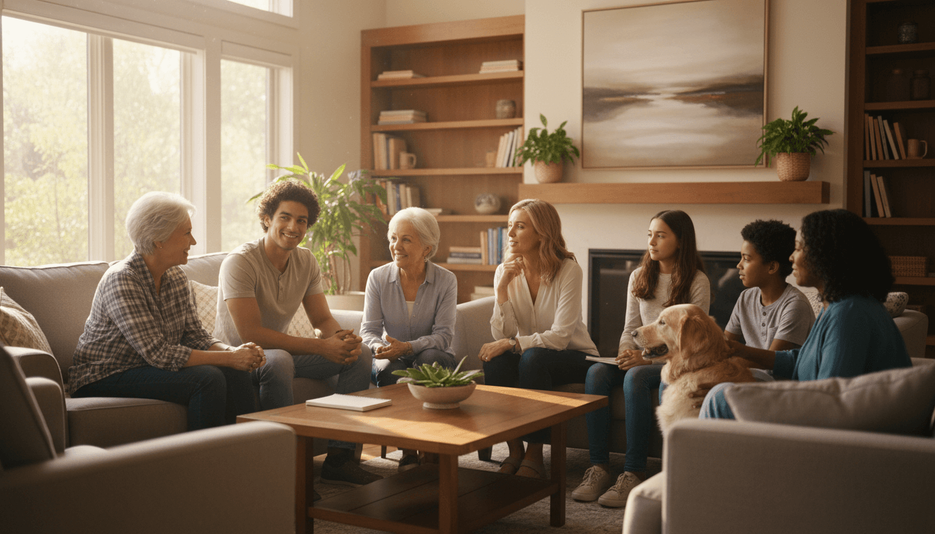 Small diverse group seated in a cozy living room, engaged in warm conversation, mugs in hand, creating a sense of community