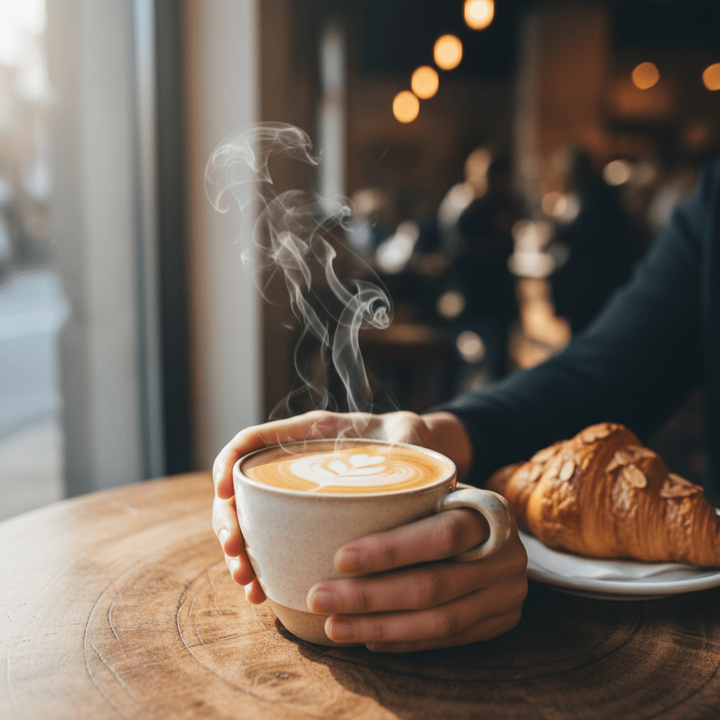 Customer holding warm latte in ceramic mug at wooden café table with soft natural window light
