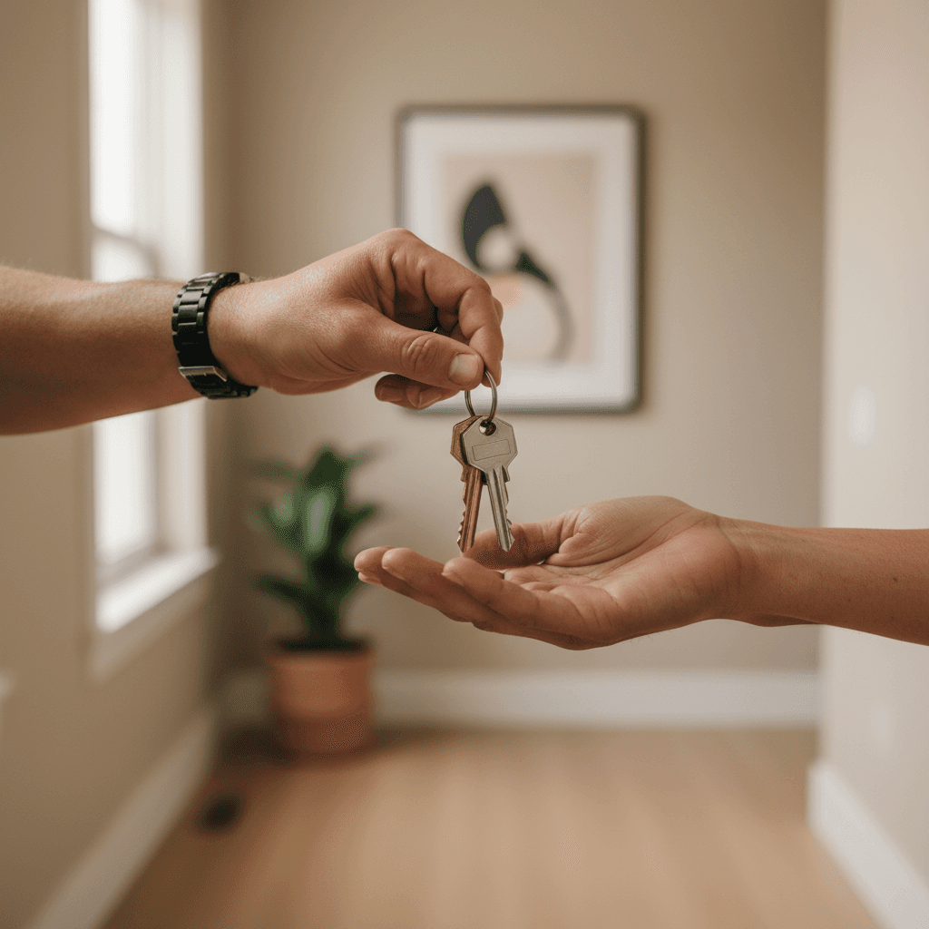 Keys being exchanged in front of an apartment door, daylight, hands only, symbolizing a new home and fresh start