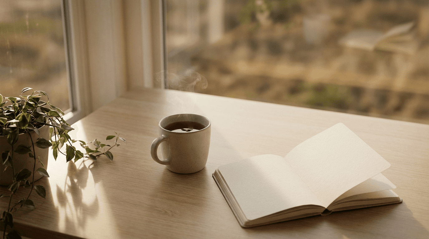 A warm desk with tea, notebook, and soft sunlight