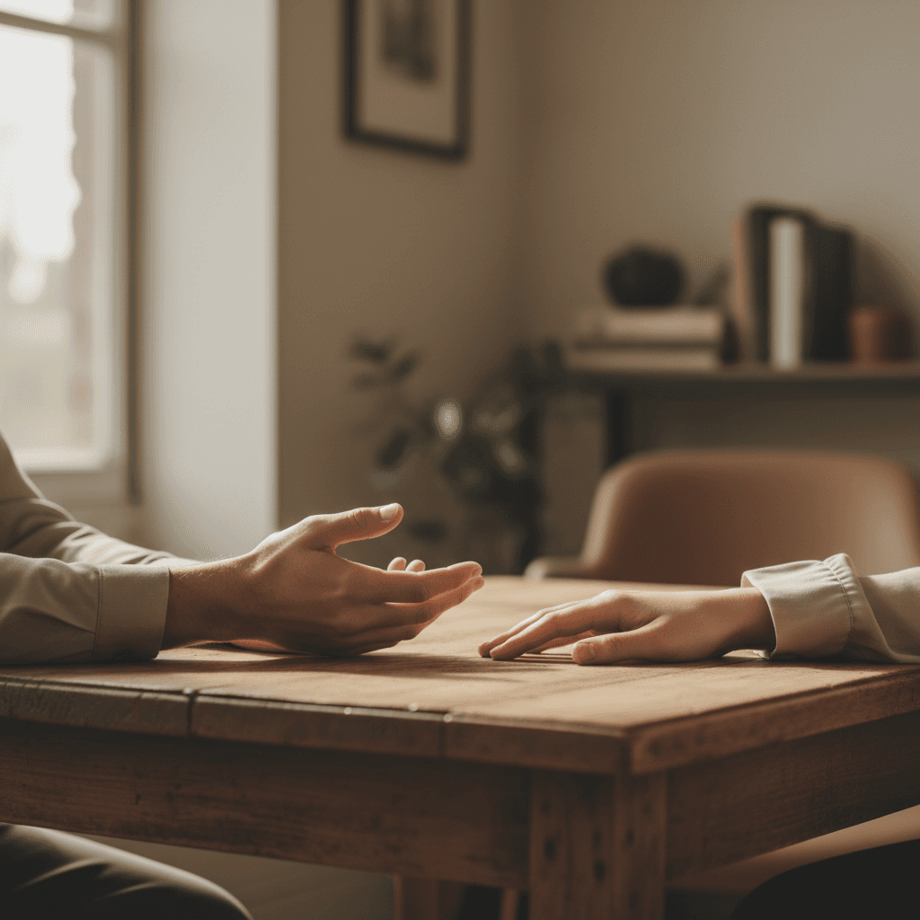 A coach and client having an honest conversation at a wooden table with notebooks, natural window light creating a warm quiet atmosphere